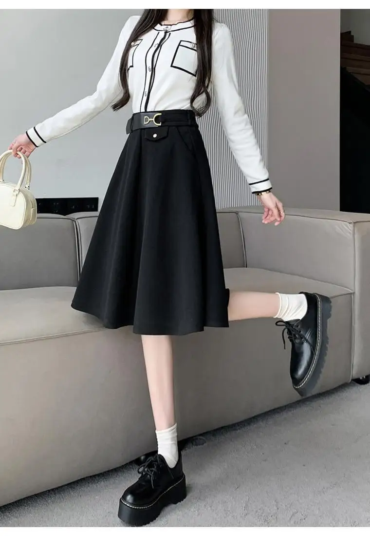 Hepburn Wind Rok Tweed Half-Body Rok Vrouwen Herfst Winter Nieuwe Middelste Rok Tot Knie Hoge Taille Temperament Rok Geplooide Rok