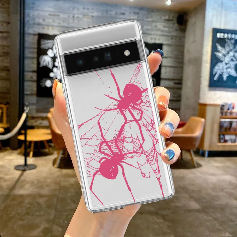 cool Spider Pattern Ultra Thin Clear Case For Google Pixel 6 6A 7 7A Pro 8 Pro 5G Transparent Cover Fundas