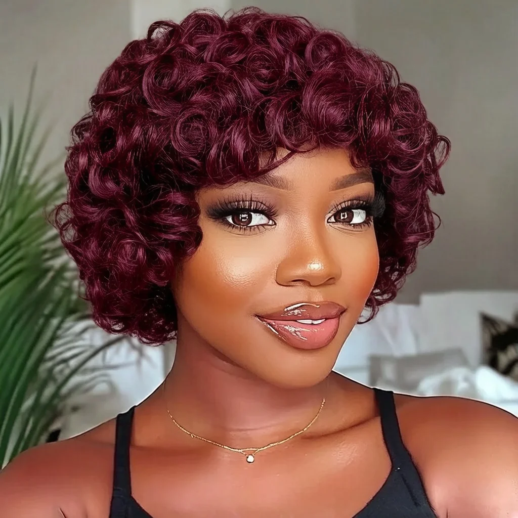 

8-дюймовые короткие кудрявые парики-пикси 99J для женщин, полностью машинной работы, натуральные парики с челкой, парики из человеческих волос.