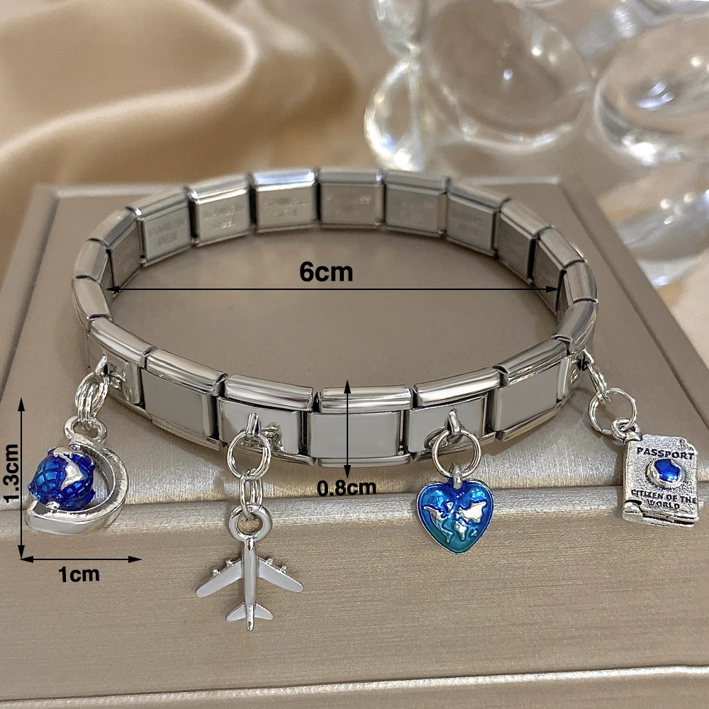 Trendy Stainless Steel Italian Charm Links Bracelet Ocean Fish Starfish Airplane Ball Elastic Watch Strap Bangles Jewelry Gifts
