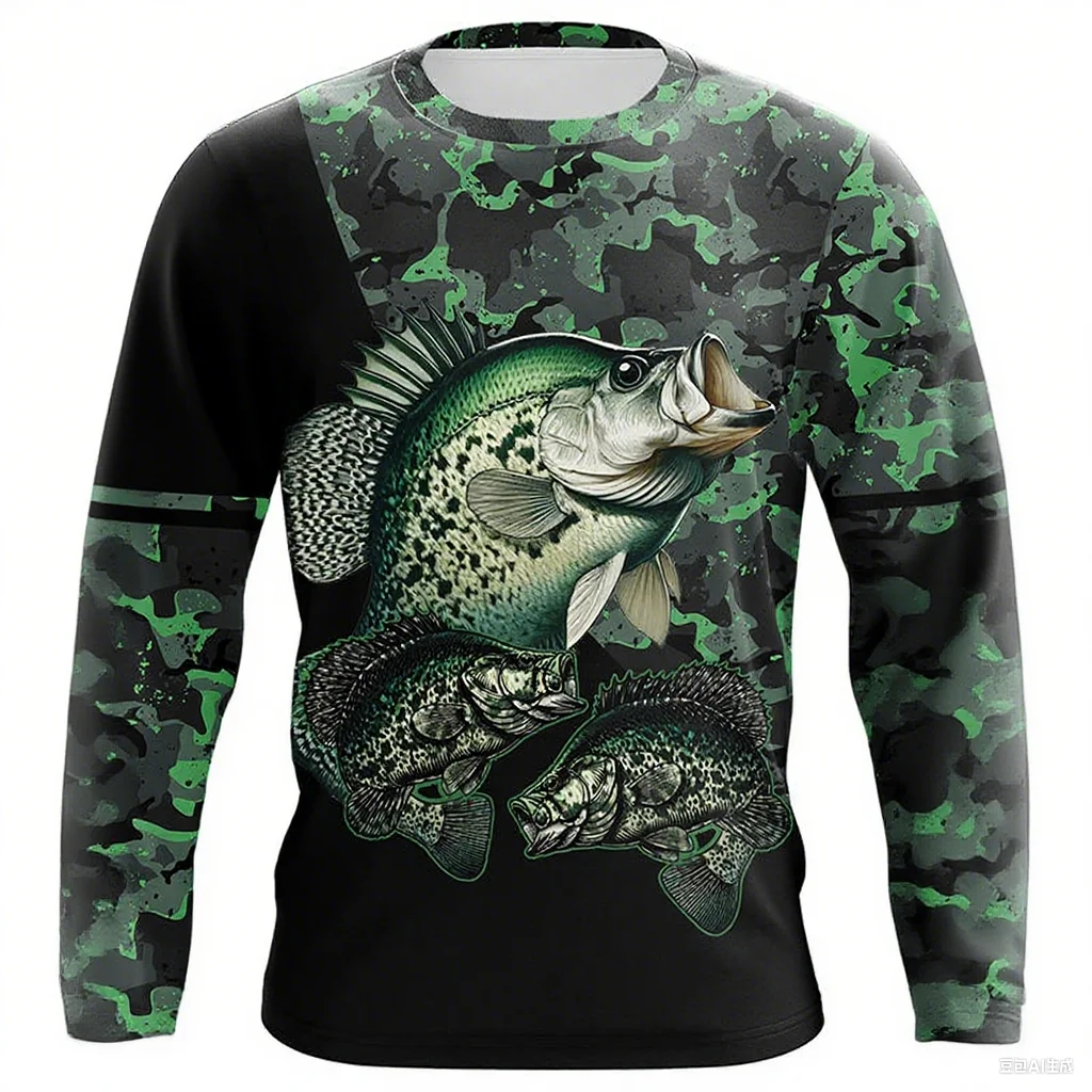 باس الصيد أسود أخضر التمويه واقية من الشمس بأكمام طويلة قميص الصيد مسابقة الصيد قميص التجفيف السريع ماصة للعرق