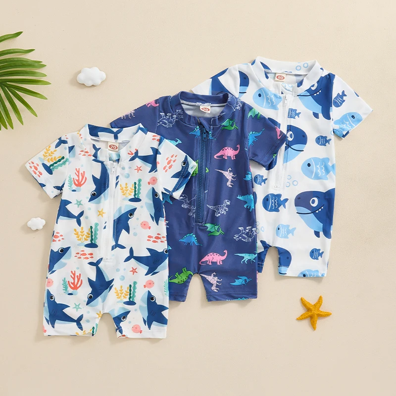 

Tregren Toddler Boys Rash Guard Swimsuit Rompers Zipper Short Sleeve Whale/Dinosaur Print Kids Bathing Suit Infant Baby Swimwear