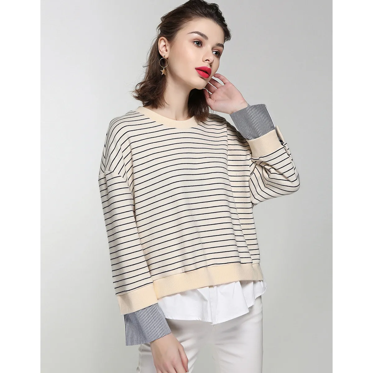 LOUIS YAO Women Patchwork Cuff Faux Two-Piece Sweatshirt 2023 Autumn Striped Drop-shoulder O-neck Long-sleeve Top