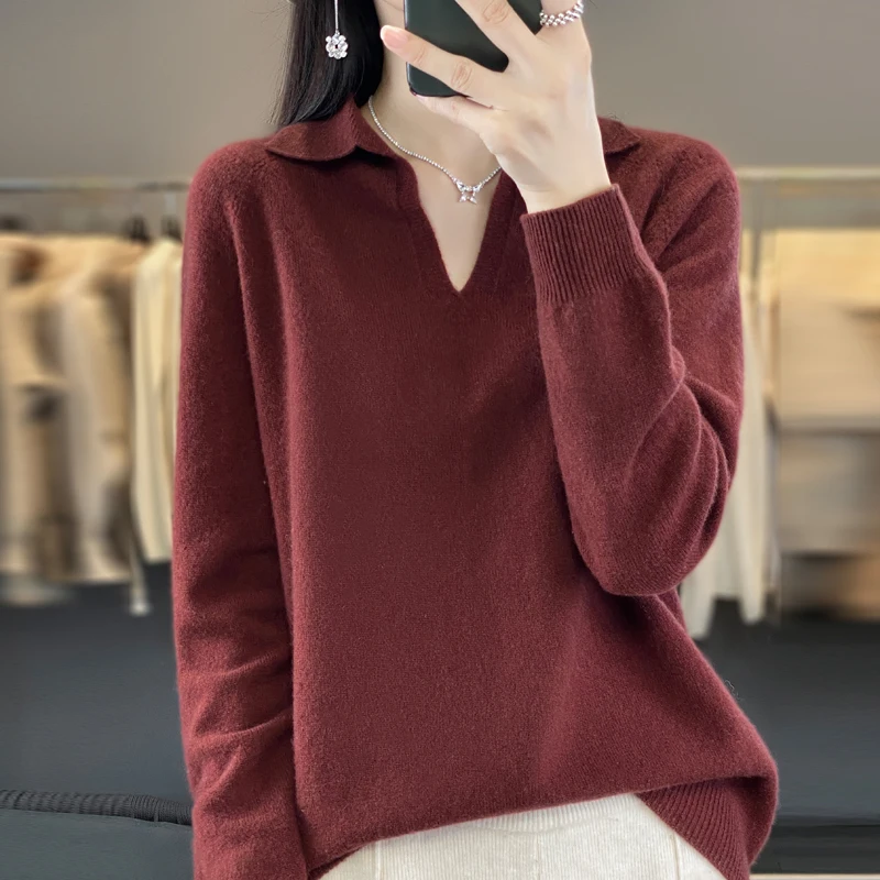 Women 100% Merino Wool Soft Sweater First Line Seamless Lapel V-neck Solid Pullover Autumn Winter Basis Casual Cashmere Knit Top