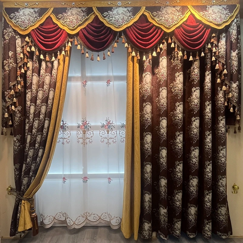 

Custom European living room luxury retro dark coffee bedroom chenille cloth blackout curtain tulle valance drape C2127