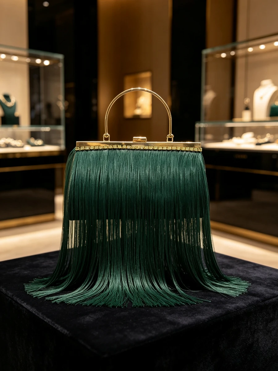Dark Green Extra Long Dense Tassel Gold Edge Thin Metal Ring Handle Clutch Luxury Atmosphere Evening Purse For Middle Aged Women