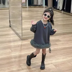 Baby Girl Sweater Dress 2026 Kids Girl Sweet Splicing Gauze Gray Loose Dress