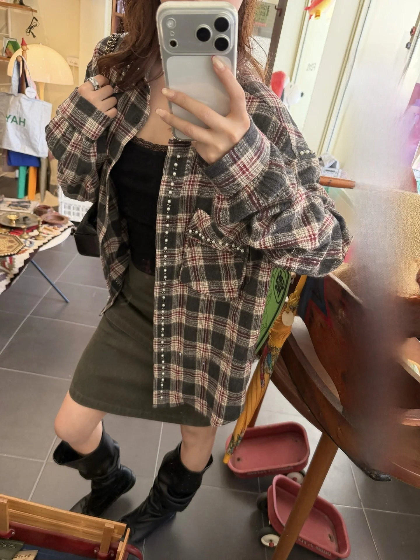 

American Sle Color Blo Plaid Women's irt Coat Turn-down Collar Bead Embellied Loose Fit Breathable Cotton Long Sve