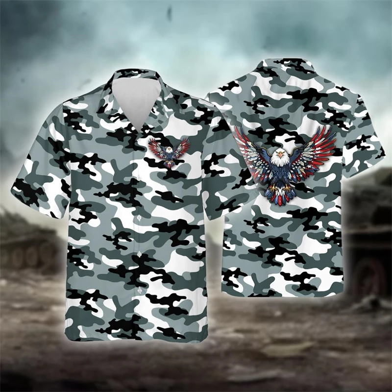 America Eagle Graphic Shirts For Men Clothes USA Veteran Beach Shirt Casual US Flag Short Sleeve Jesus Blouses Male Button Tops