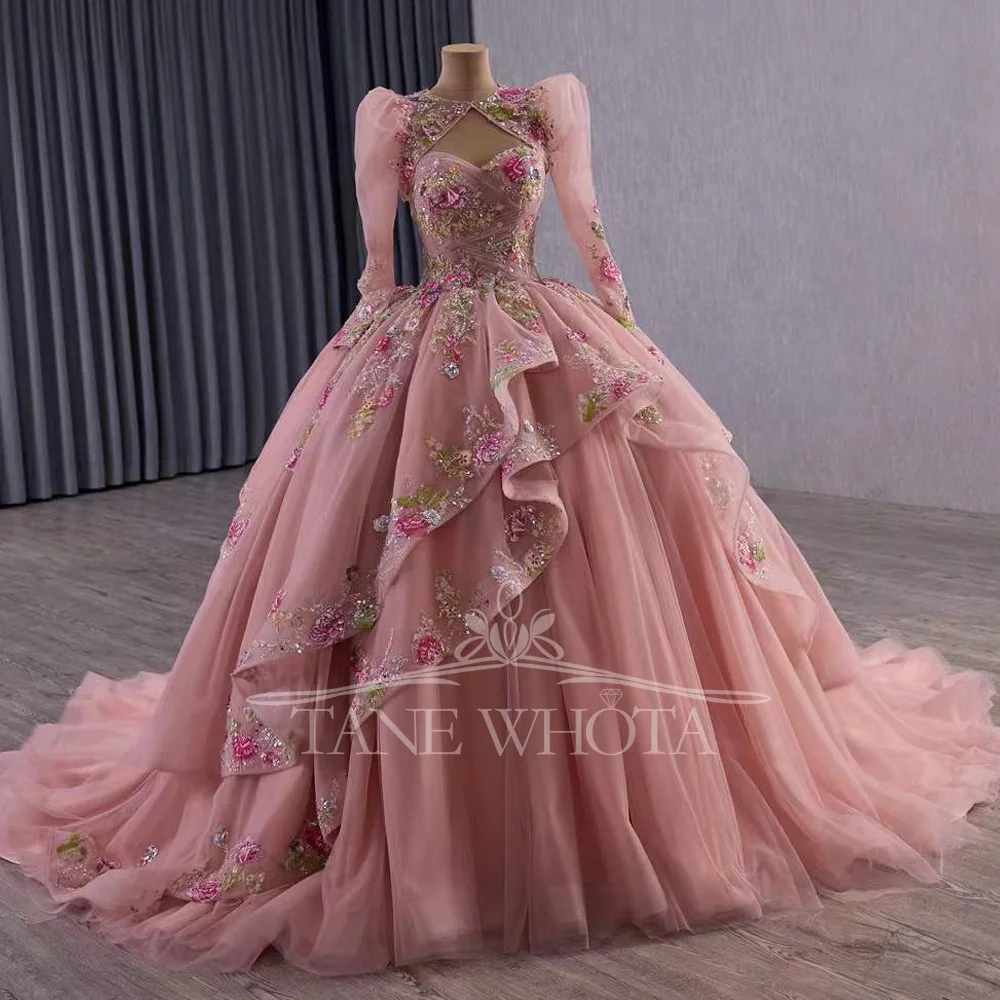 Pink Quinceañera Evening Gown With Lace-Up Back Detachable Jacket Sequined Embroidery Appliques Customizable Vestido