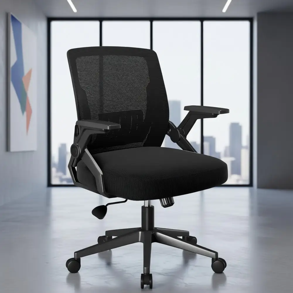 

Эргономичное вращающееся офисное кресло с откидными подлокотниками, дышащей сеткой, регулируемой поясничной опорой, для дома и учебы, черный