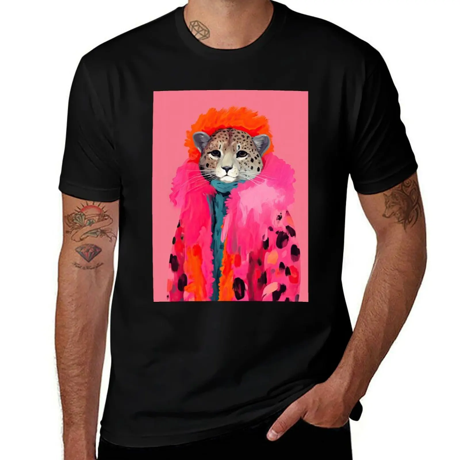 

Watercolor Leopard in Pink Fur Funky Animal Fashion Art Print T-Shirt Casual Simple Design Short Sleeve Shirt
