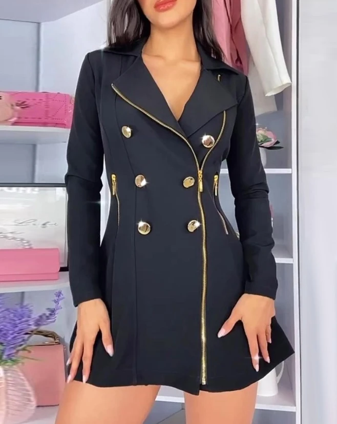 

Womens Dresses 2024 Spring Fashion Buttoned Zipper Pocket Design Notched Collar Long Sleeve Elegant Work Mini Blazer Dress