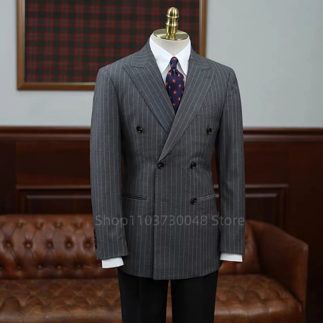 Blazer de Traje Gris a Rayas para Hombre, Solapa Pico, Doble Botonadura, Chaqueta de Traje para Negocios, Estilo Italiano, Solo una Chaqueta
