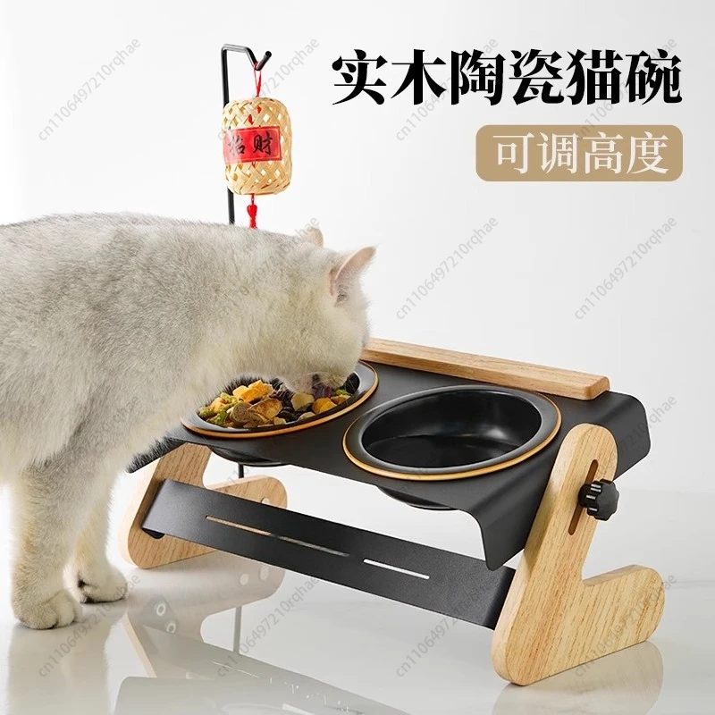 

Ceramic Cat Bowl with Adjustable Stand, Solid Wood Double Bowl Holder, Anti-Tilt Slow Feeder for Neck Protection