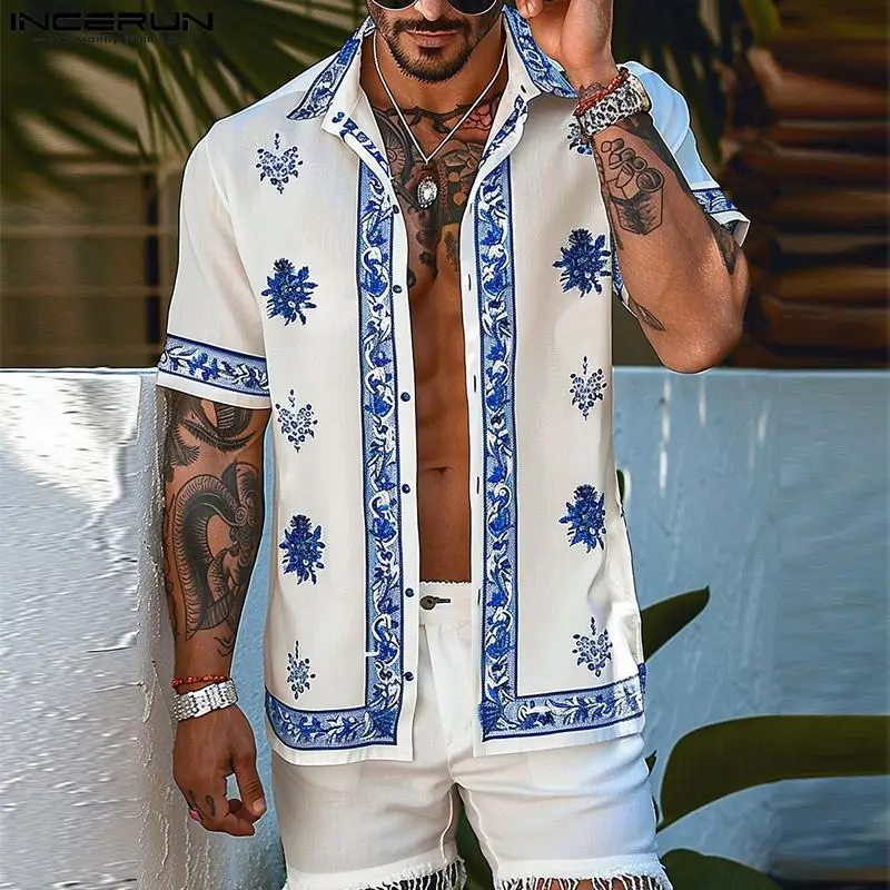 

INCERUN Men Shirt Printing Lapel Short Sleeve Vacation Summer Men Clothing 2024 Streetwear Fashion Casual Male Hawaiian Shirts