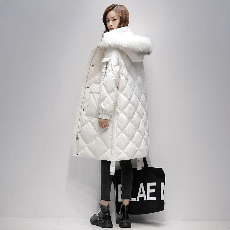 

Long Puffer Jacket Women Thickness Fur Hooded Glossy Loose Warm Loose Casual White Duck Down Coat Snow Plaid Solid Outwear B118