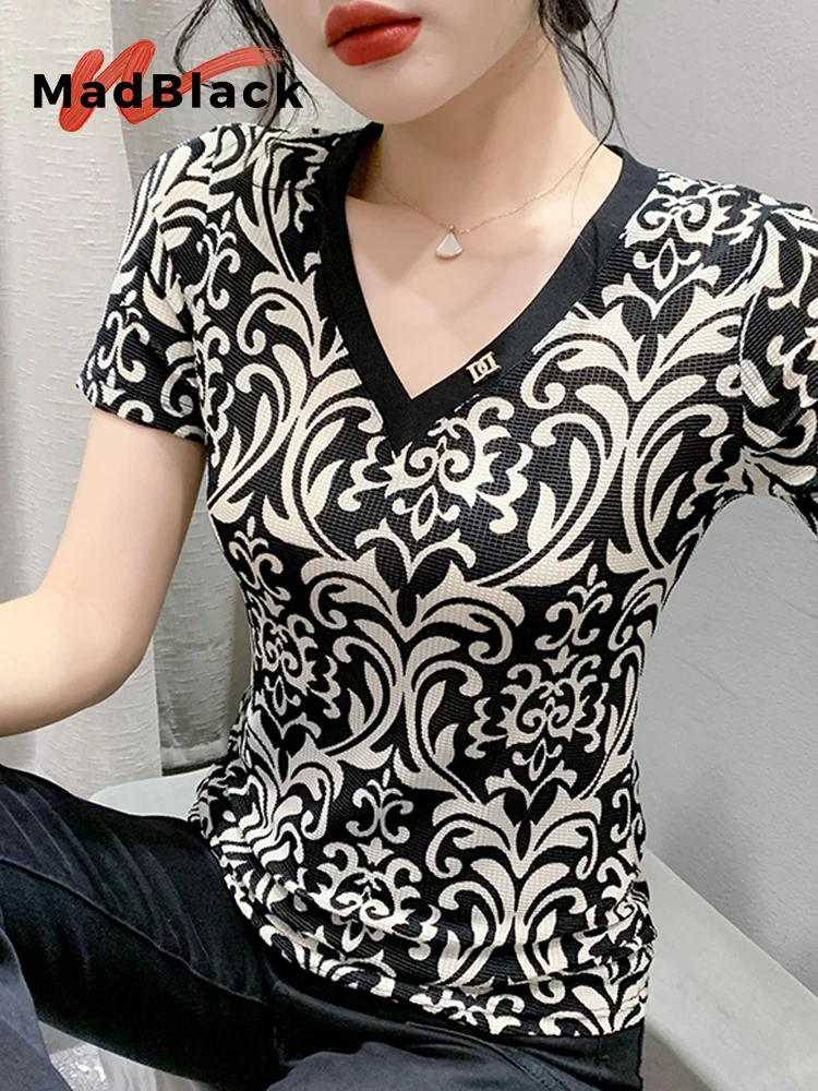 MadBlack-Women's European T-Shirt, Sexy V Neck Geometry Print, Clubwear Short Sleeve Slim M-3XL Mesh Tee, 2026 Summer T62304CC