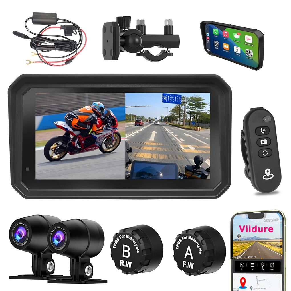 

6-дюймовый мотоциклетный видеорегистратор 1080P с двойной записью, разделенный экран, монитор давления в шинах, IP67, водонепроницаемая мотокамера, GPS-навигация