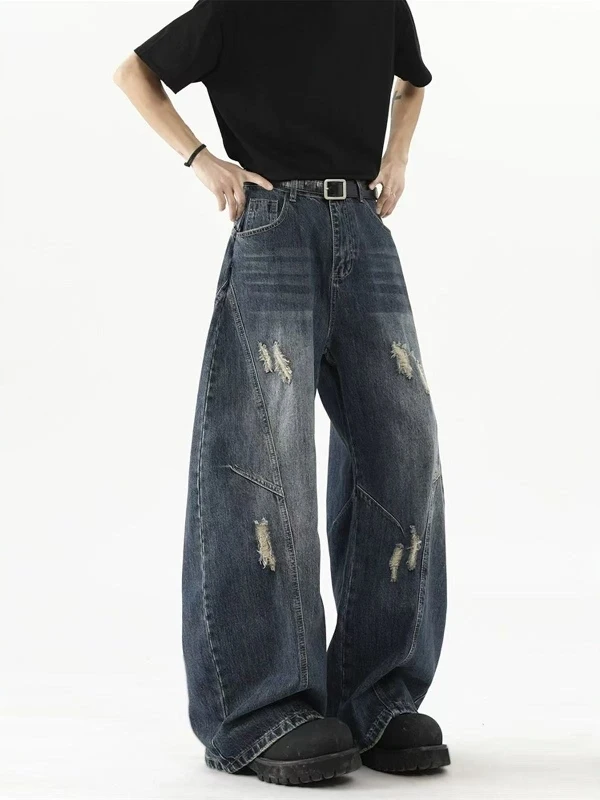 

American Retro Waed Hole Knife Jeans Men's High Street Haome ape Loose Casual Straight Leg Wide Leg Pants
