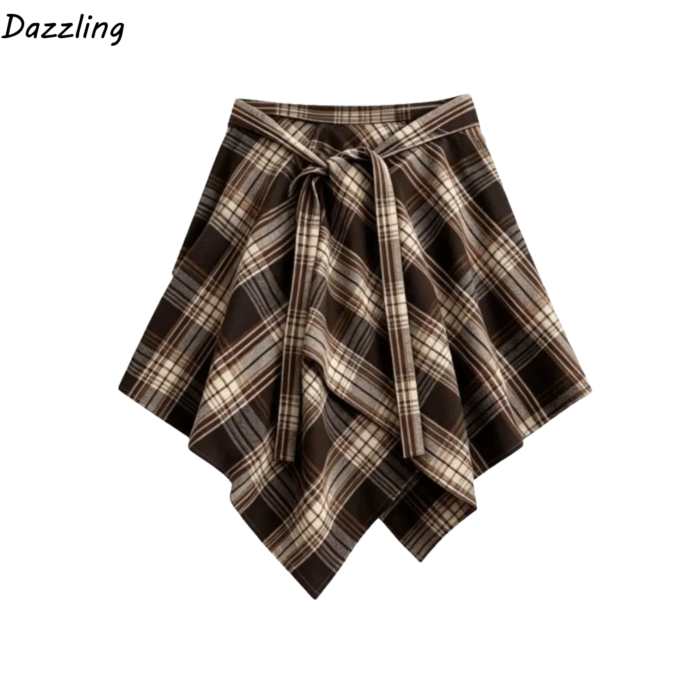 

Versatile Irregular Plaid Skirt Underskirt Vintage Grid Wrap Skirt Petticoat Lace Up A-line Shortskirt Street Dance