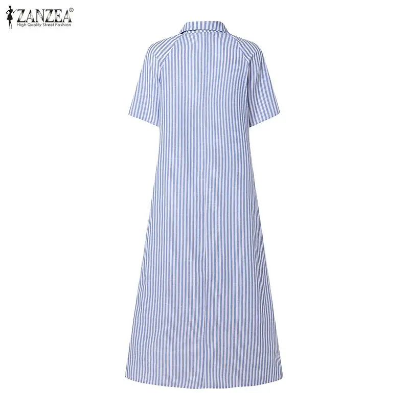 ZANZEA Stylish Lapel Neck Striped Dress Women Summer Sundress Elegant Short Sleeve Ruffled Hem Work Midi Dresses Baggy Robe 2026