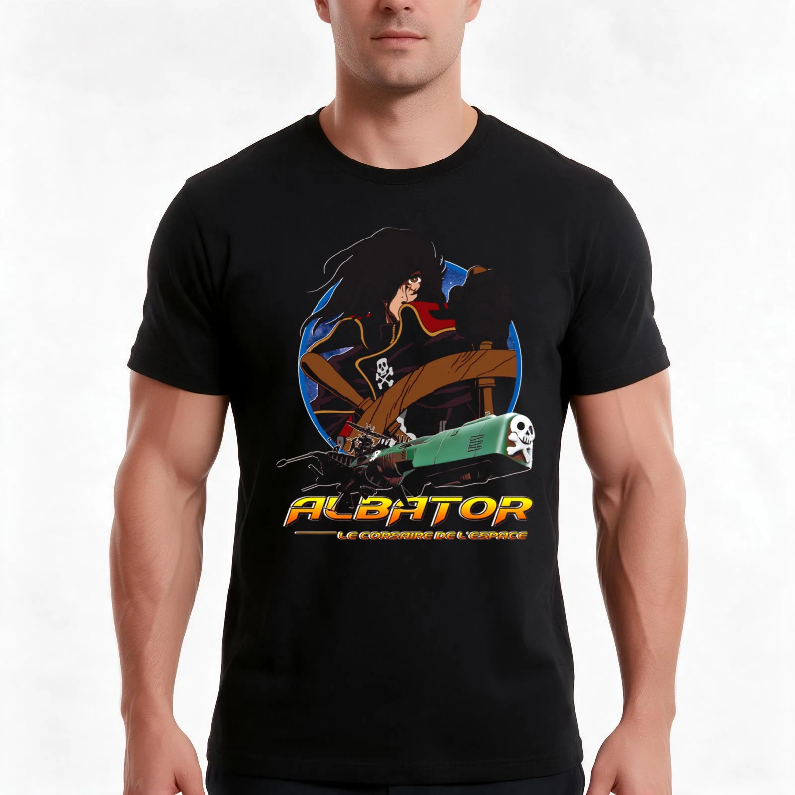 Capitaine Harlock avec Atlantis - Arcadia - Albator The Space Corsair essentiel T-Shirt, Summer Casual Cotton Tee, 100% Cotton