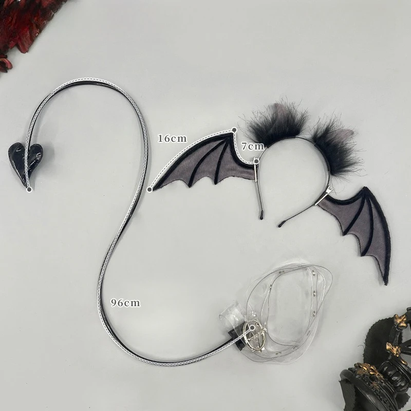 Gothic Devil Cosplay Headwear Bat Wings Demon Ears Long Heart Tail Halloween Party Accessory