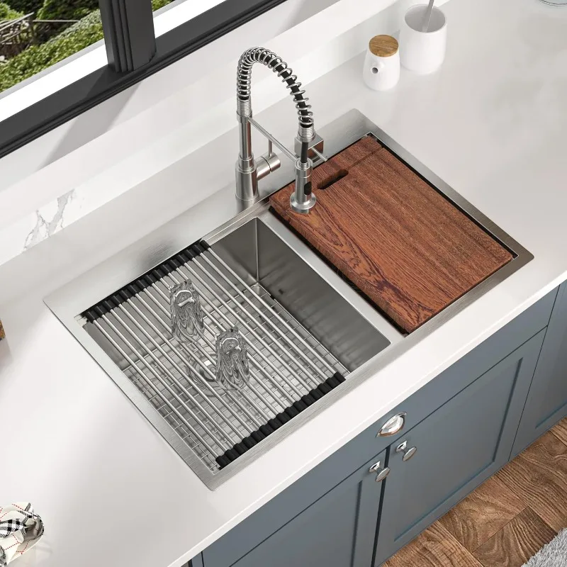 Mocoloo 33In Drop In Kitchen Sink Double Bowl Workstation Kitchen Sink Double Basin Stainless Steel 16 Gauge Drop Sink Handmade