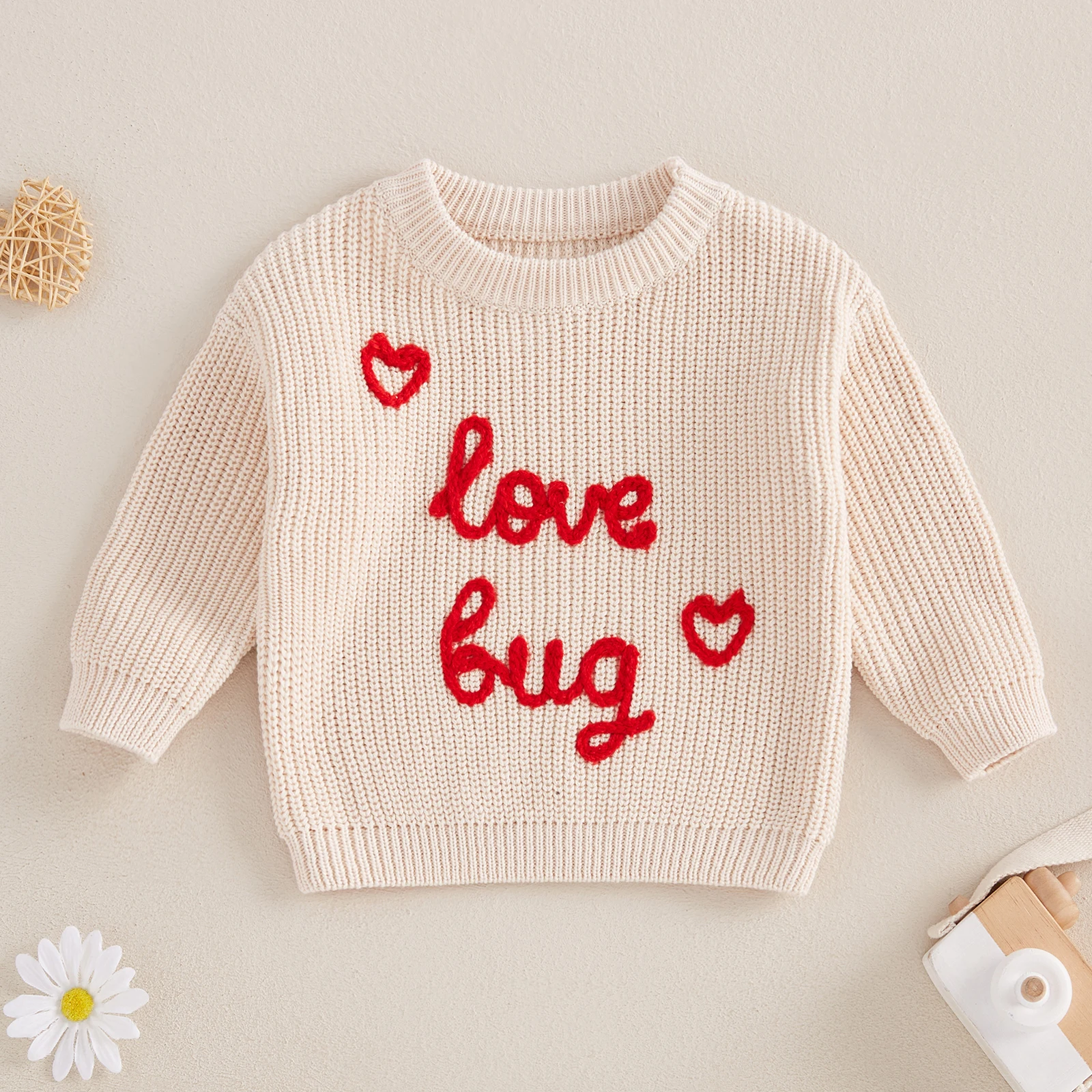 Tregren Baby Valentine’s Day Sweaters Long Sleeve Round Neck Letter Embroidery Pullover Infant Fall Tops Pullovers Infant Jumper