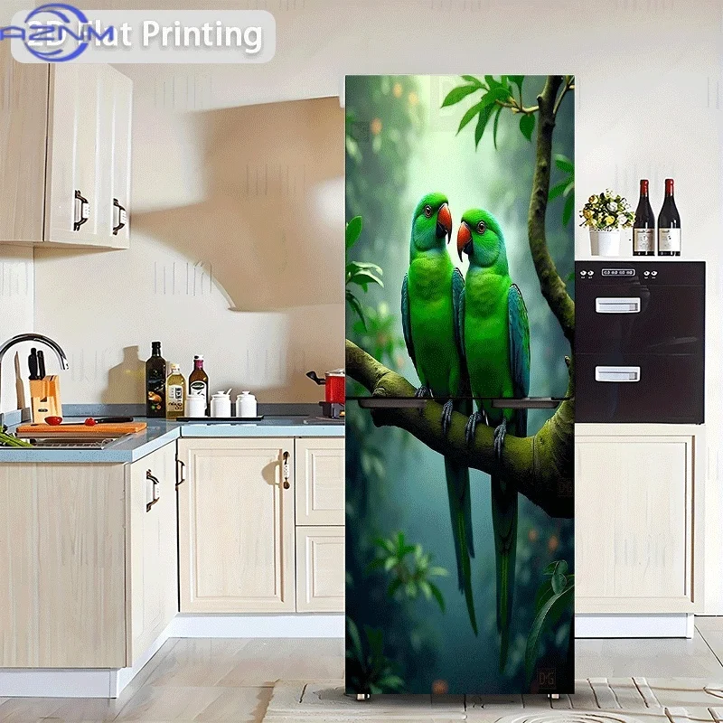 2D Printed Design Refrigerator Sticker Two Green Parrots Perched on a Branch Wall Decal Decorative Wallpaper Self-Adh