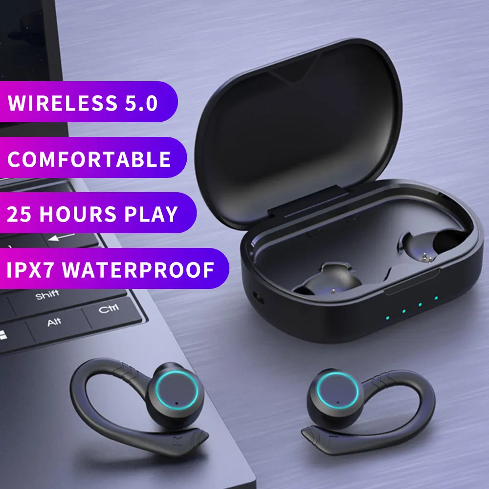 Cyboris IPX7 Waterproof Wireless Sports Earphones Blue tooth 5.0 Touch Control Host Switch On-ear Headphones Professional Water