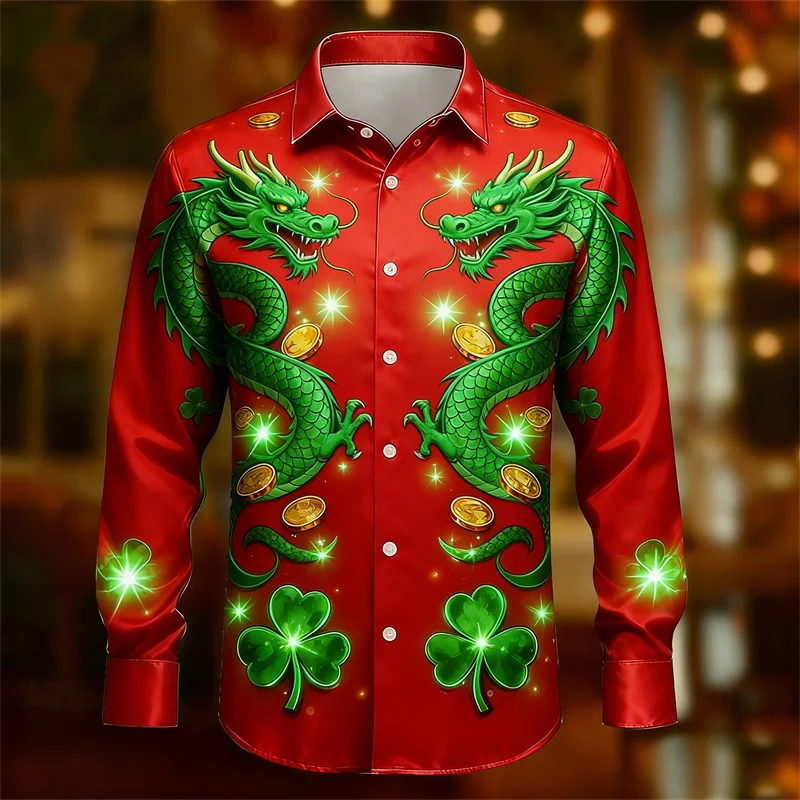 New 11 color men's top with 3D clover print long sleeved shirt, fashionable and casual, high-quality dragon design top