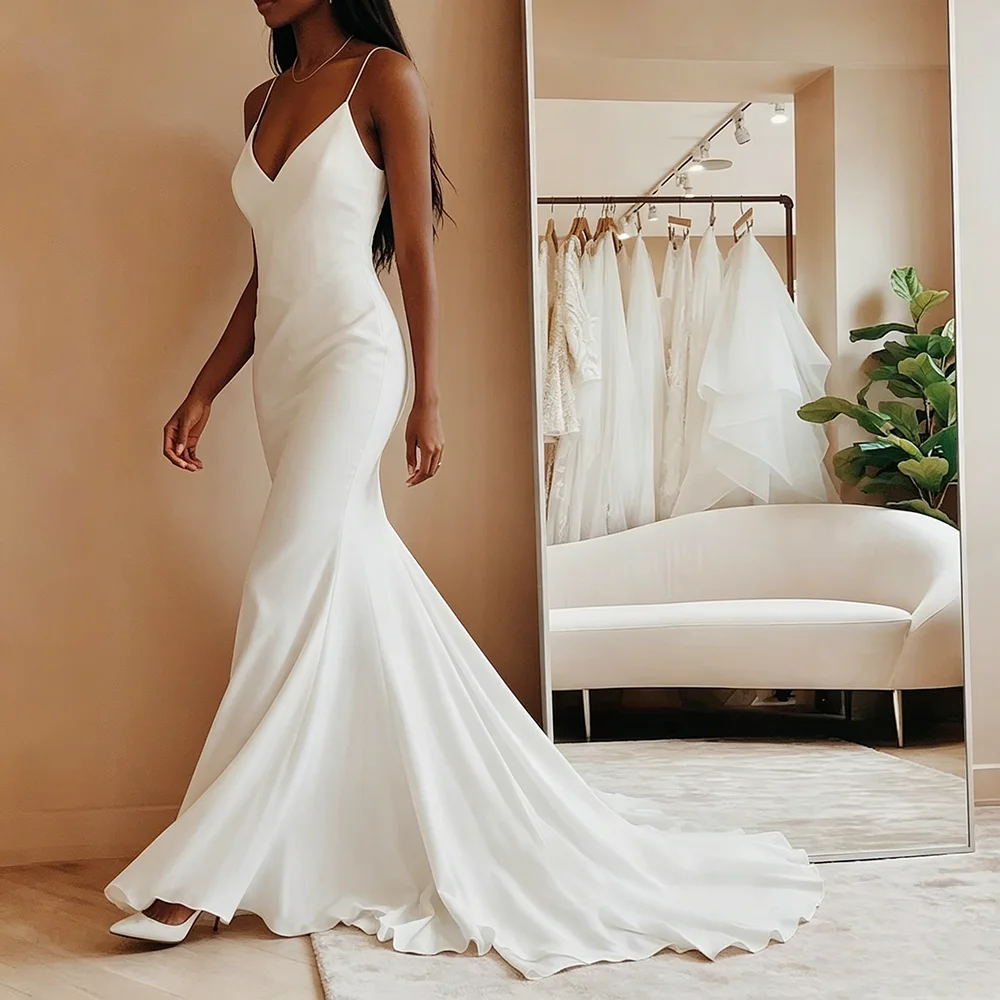 Vestido de novia de satén Simple moderno personalizado con cuello en V tirantes finos sin espalda Formal plisado vestidos de novia tren de barrido
