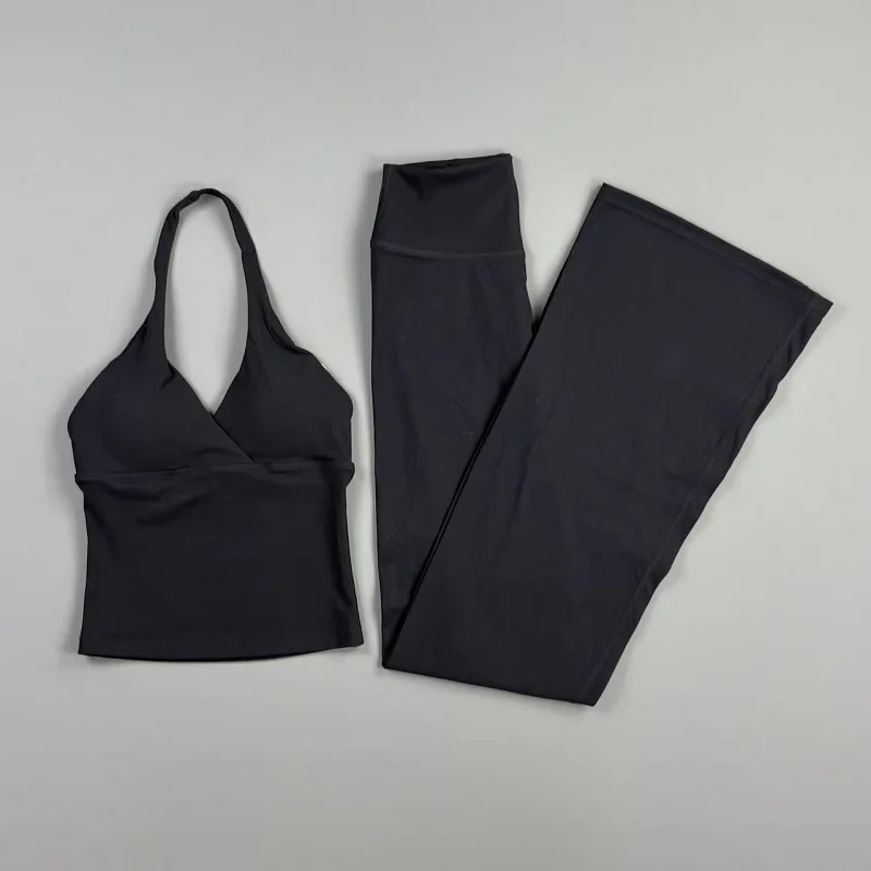 Damen 2-teiliges Gym-Set: Original Neckholder-Top, schmal geschnittene Yoga-Schlaghose, hochelastisch, weich, für Fitness, Workout, Pilates, Radfahren. – Detail 14