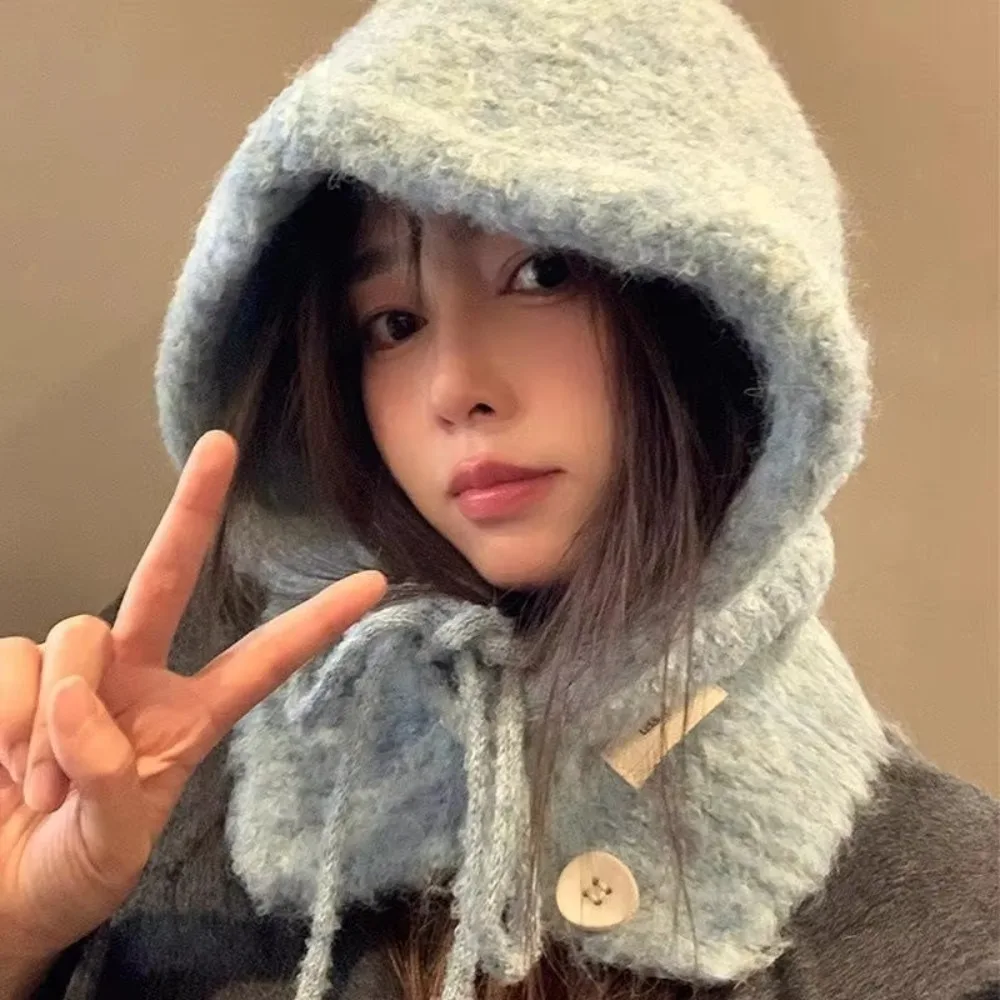 Korean Style Thicken Knitted Balaclava Drawstring Warm Hooded Scarf Cap Soft Windproof Coldproof Neckerchief Hat Women Girl