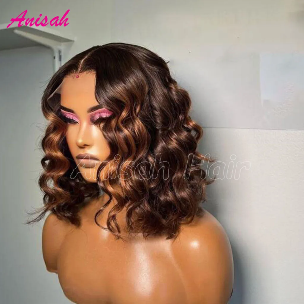10 12 14 Inch Brown Highlight Short Bob Human Hair Wigs Loose Curl 13x4 Transparent Lace Front Wig For Black Women