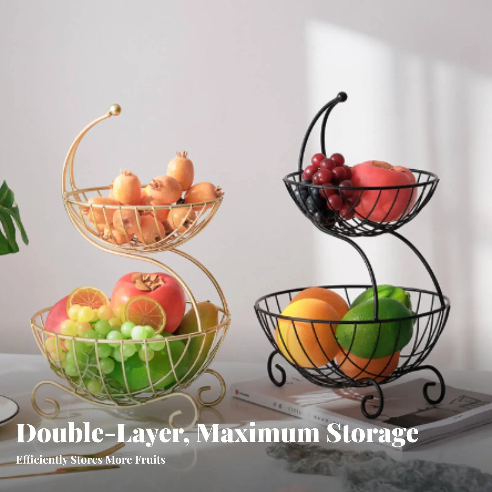 2-Tier Fruit Basket Wrought Iron 2 Tier Fruit Basket Countertop Snack Platter Large Capacity Kitchen Storage Screw-Complimentary