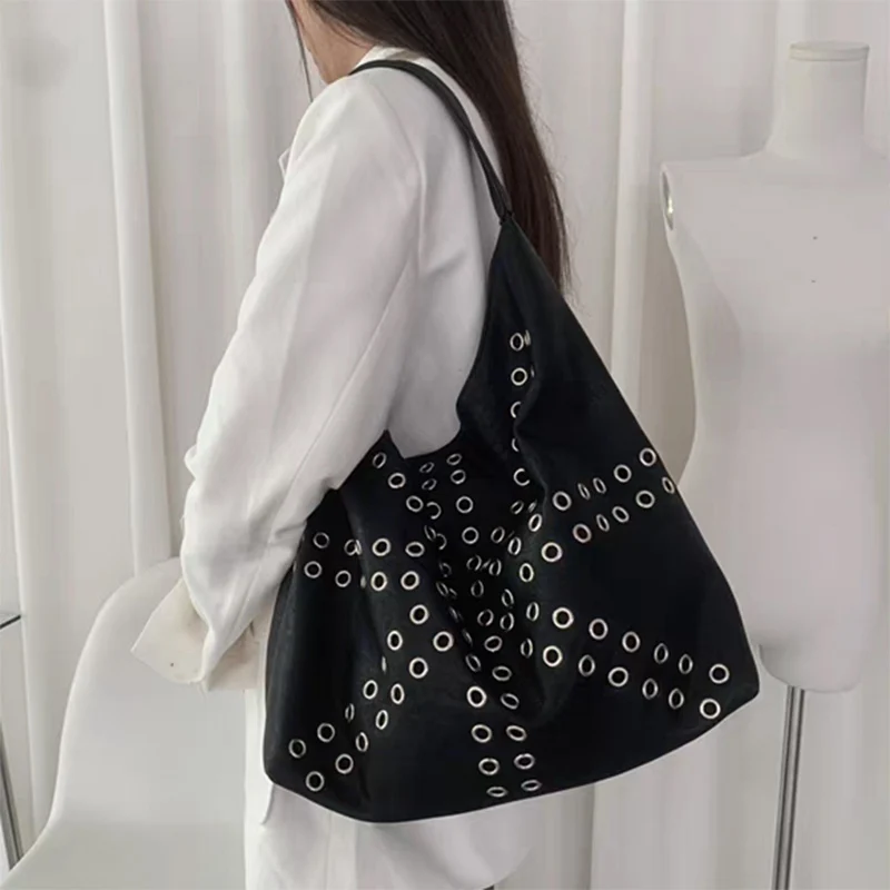 

New Punk Trend Rivet Shoulder Bag Black Hollow Ladies Handbag High-end Pu Retro Motorcycle Armpit Bag Large Capacity Women's Bag