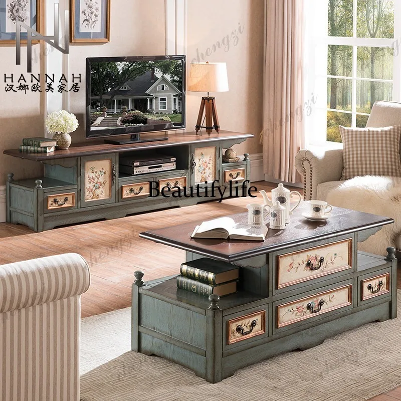 

Retro solid wood painted TV cabinet coffee table side cabinet combination
