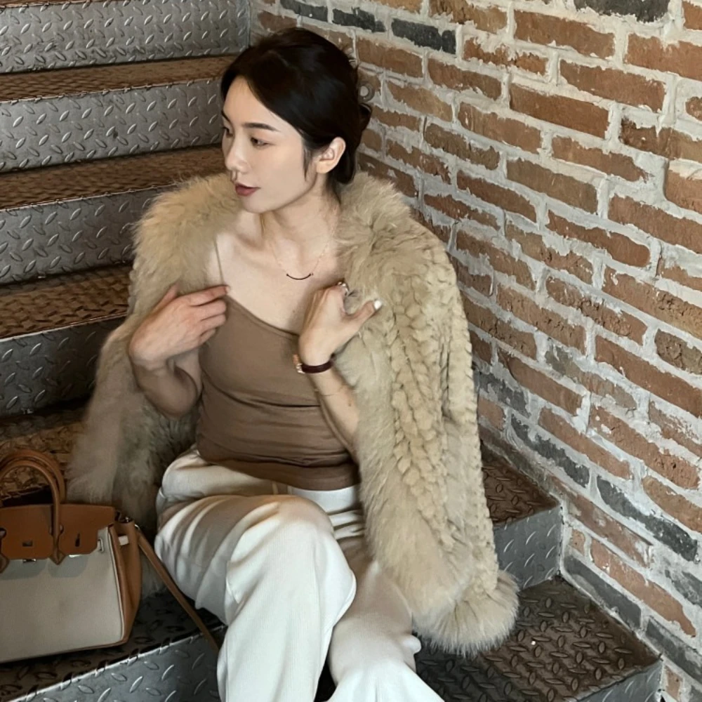 

2025 Women Fur Coat Autumn Winter Knitted Shawl Natural Fox Collar Jacket Knitted Winter Real New Natural Rabbit Fur