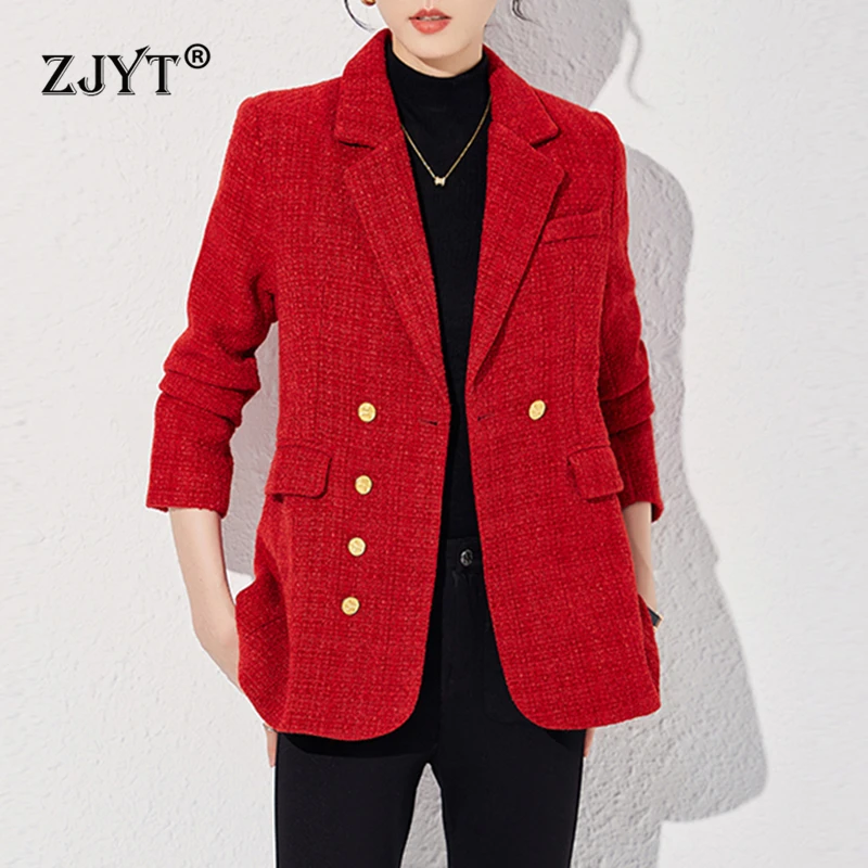 

ZJYT Autumn Fashion Women's Tweed Woolen Jackets Winter Coats Turn Down Collar Outerwears Plus Size Long Sleeve Veste Femme Red