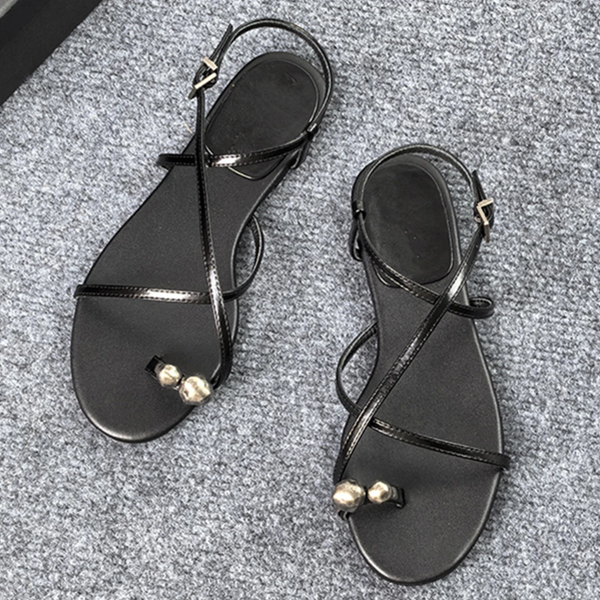 

Jenny&Dave Summer Roman Sandals With Metal Pearl Decoration Elegant Sandals Minimalist Genuine Leather Flat Shoes Sandals Women