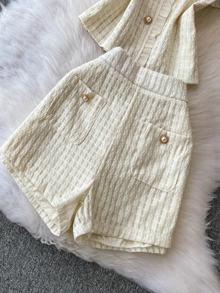 

Slim Fit round Ne ort Sve T-irt Pearl Button High Waist orts Two Piece Set Small Fraance Sle Wooden Design