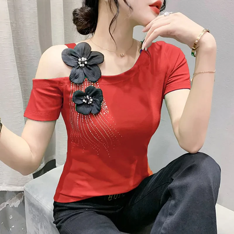 

Summer New European Short Sleeve Girl Chic Applique T-Shirt Off-Shoulder Beads Flower Hot Diamond Women' s Tees Tops ZT23