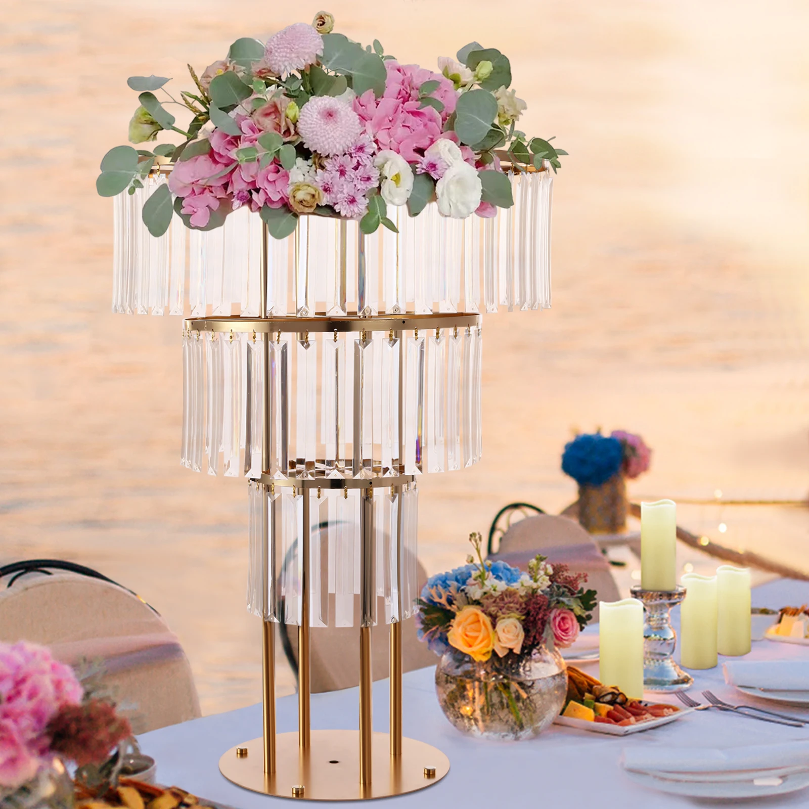 

Gold Wedding Crystal Flower Stand Freestanding Floral Racks Round Pedestal Stands Crystal Party Decorations 3/4 Tiers