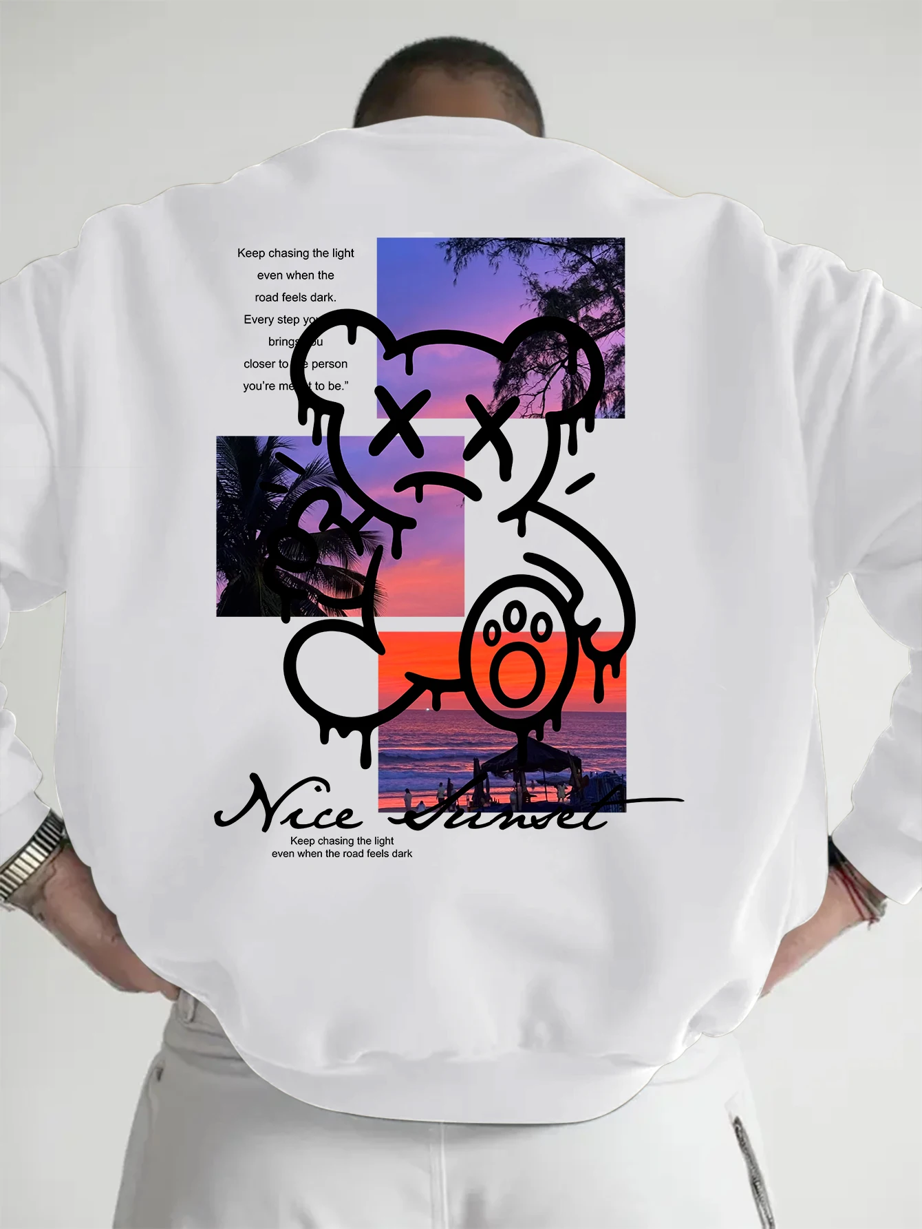 Y2K Trendy Men Sweatshirt, Sunset Beach Four‑Grid Collage XX‑Eye Graffiti Bear & 