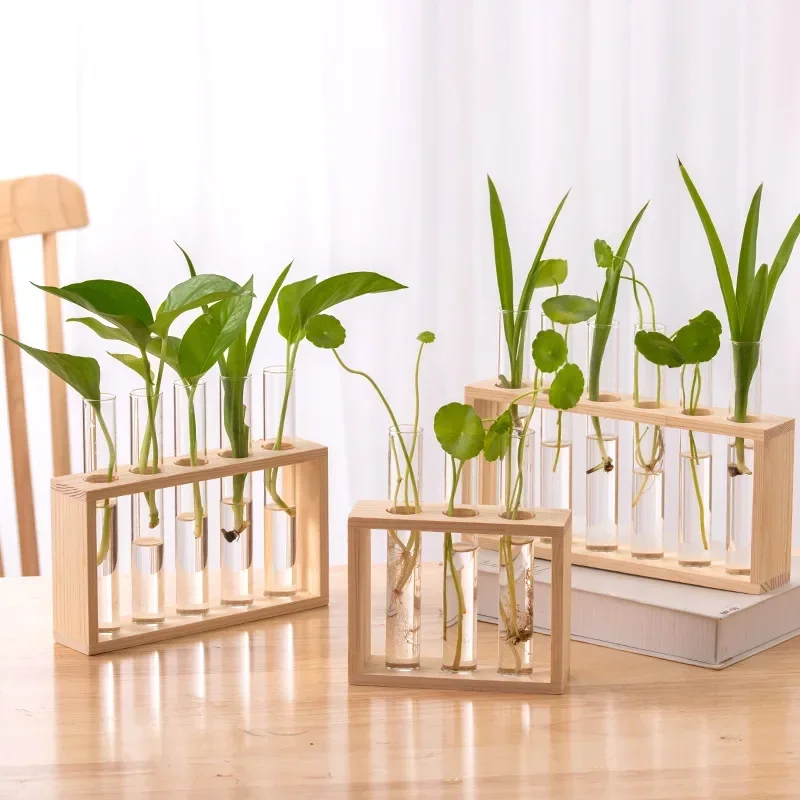 

Minimalist Nordic Test Tube Glass Vase Decoration Creative Wooden Frame Hydroponic Plant Container Home Decoration Plant Shelf