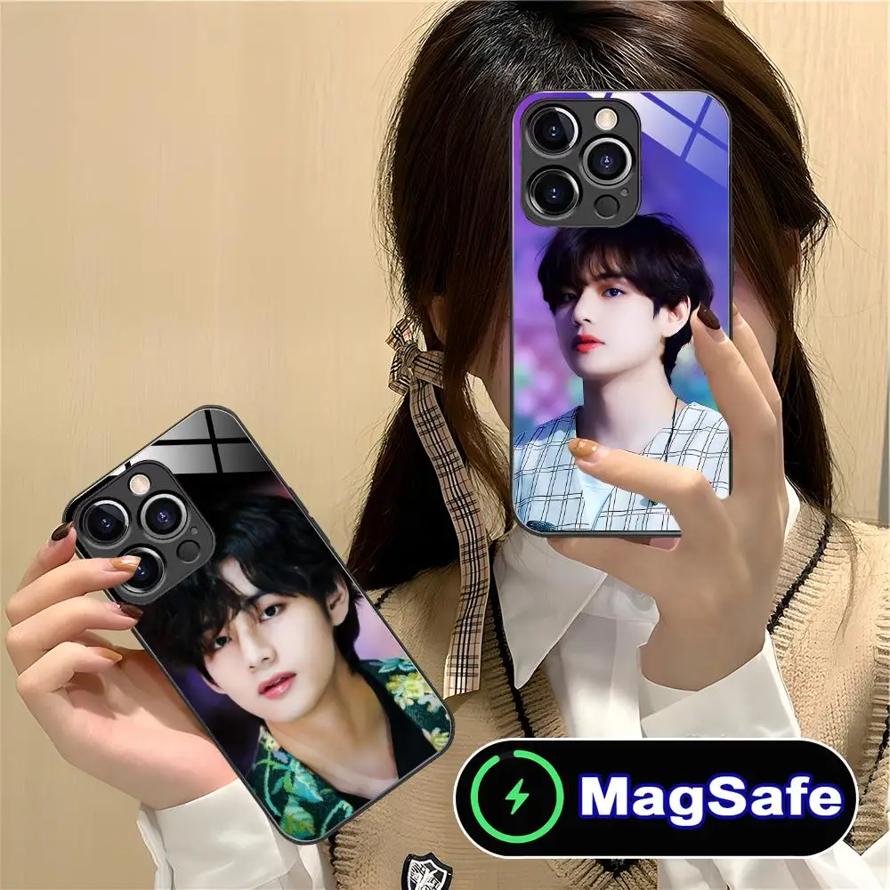 

KPOP Taehyung Mobile Phone Case for iPhone 16 15 14 13 12 11 Pro Max Plus Mini MagSafe Glass Colour Protective Cover Pretty