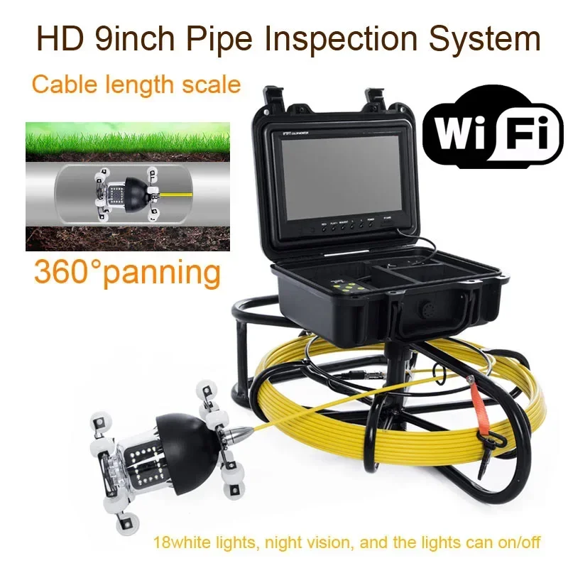 HD 9inch Pipe Inspection System with A Portective Case Wireless 360 Degree Rotation WP9600D Endoscope Camera Borescope with Wifi